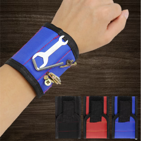 Mens Magnetic Wristband Tool on wrist blue, red and black